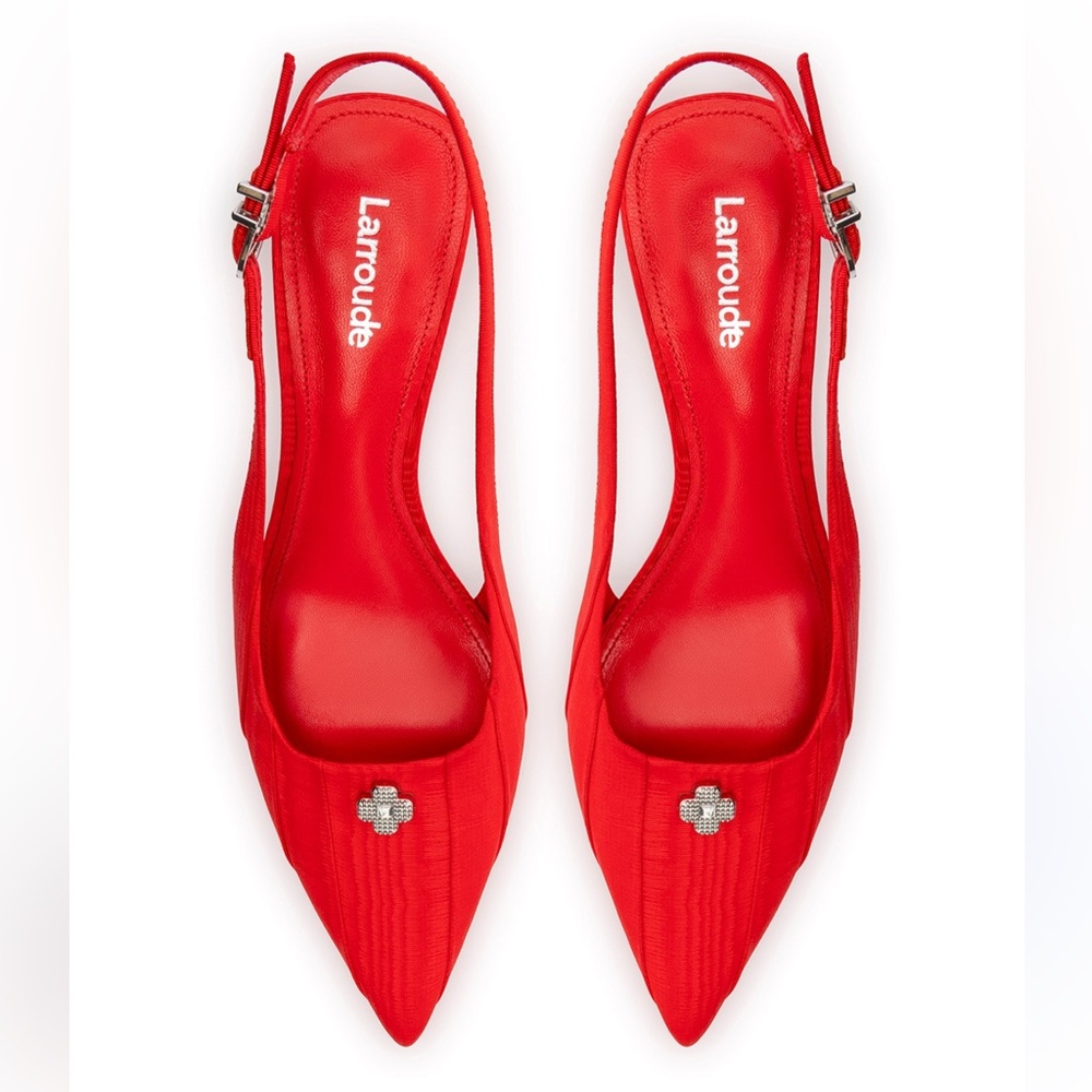 Larroude Red Pointed Slingback Heels with Crystal Detail